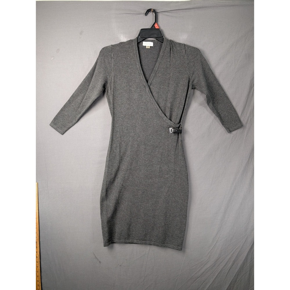 Calvin Klein Womens Faux Wrap Buckle Sweater Dress Gray Small 3/4 Sleeve Knit